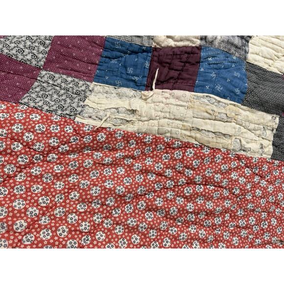 Vintage Handmade Hand Quilted Patchwork Block Quilt 74x82 Antique Tattered - Picture 3 of 6